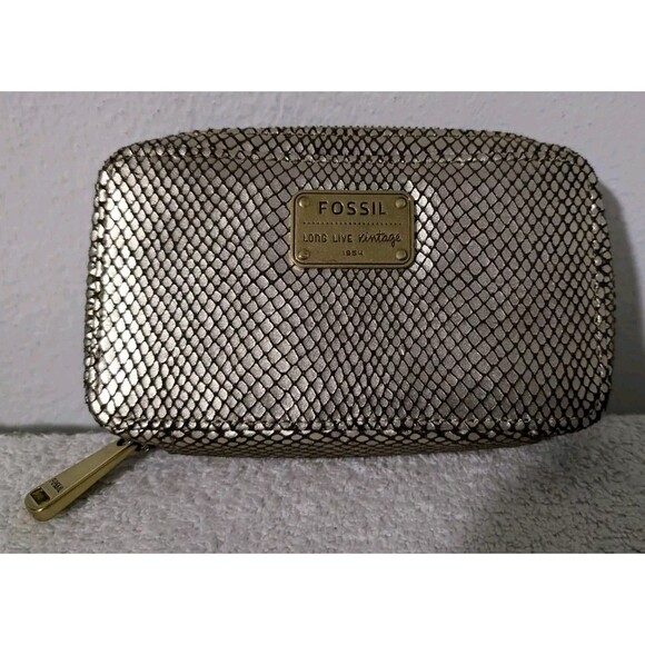 Fossil Organizer Wallet Travel Brown Metallic Snake Skin - Picture 1 of 16
